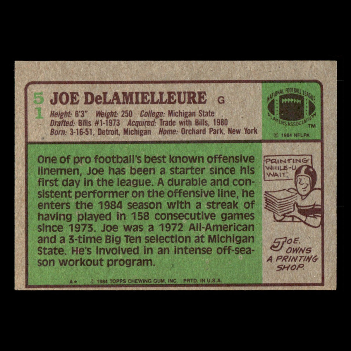 Joe DeLamielleure #51 1984 Topps Cleveland Browns Football Card NFL EX