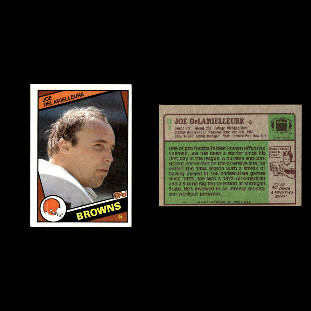 Joe DeLamielleure #51 1984 Topps Cleveland Browns Football Card NFL EX
