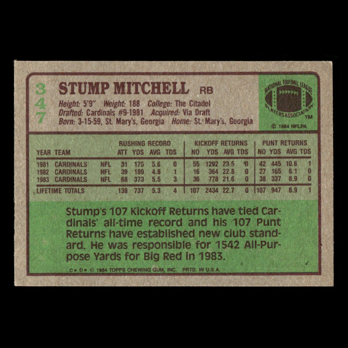 Stump Mitchell #347 1984 Topps St. Louis Cardinals Football Card NFL EX