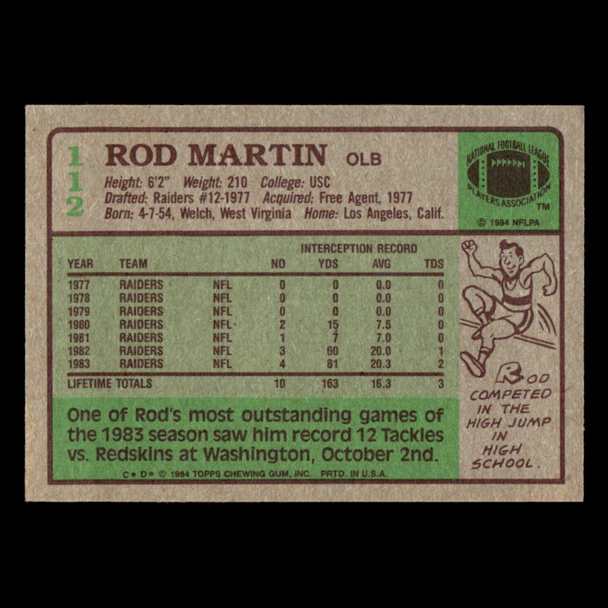 Rod Martin #112 1984 Topps Los Angeles Raiders Football Card NFL EX