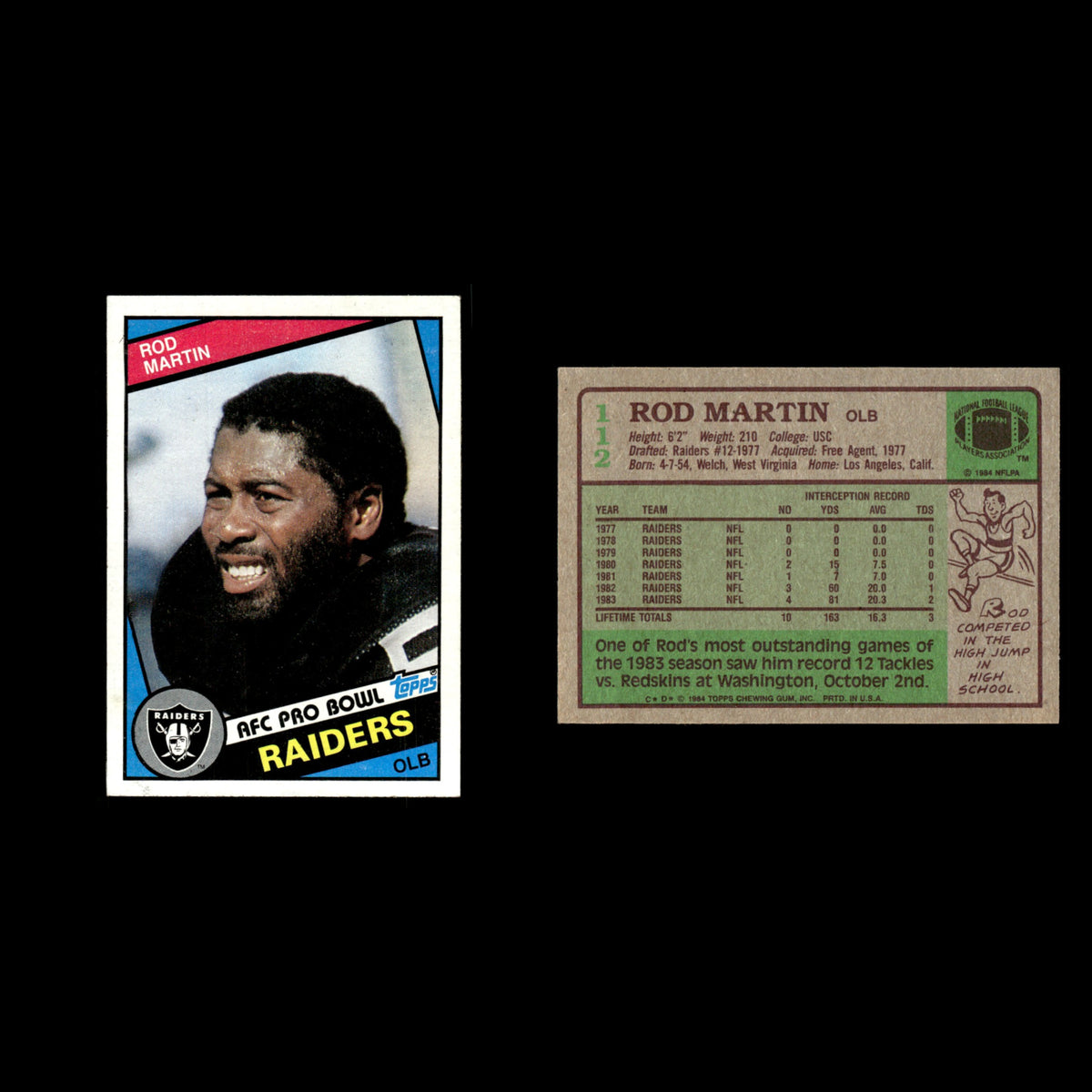 Rod Martin #112 1984 Topps Los Angeles Raiders Football Card NFL EX