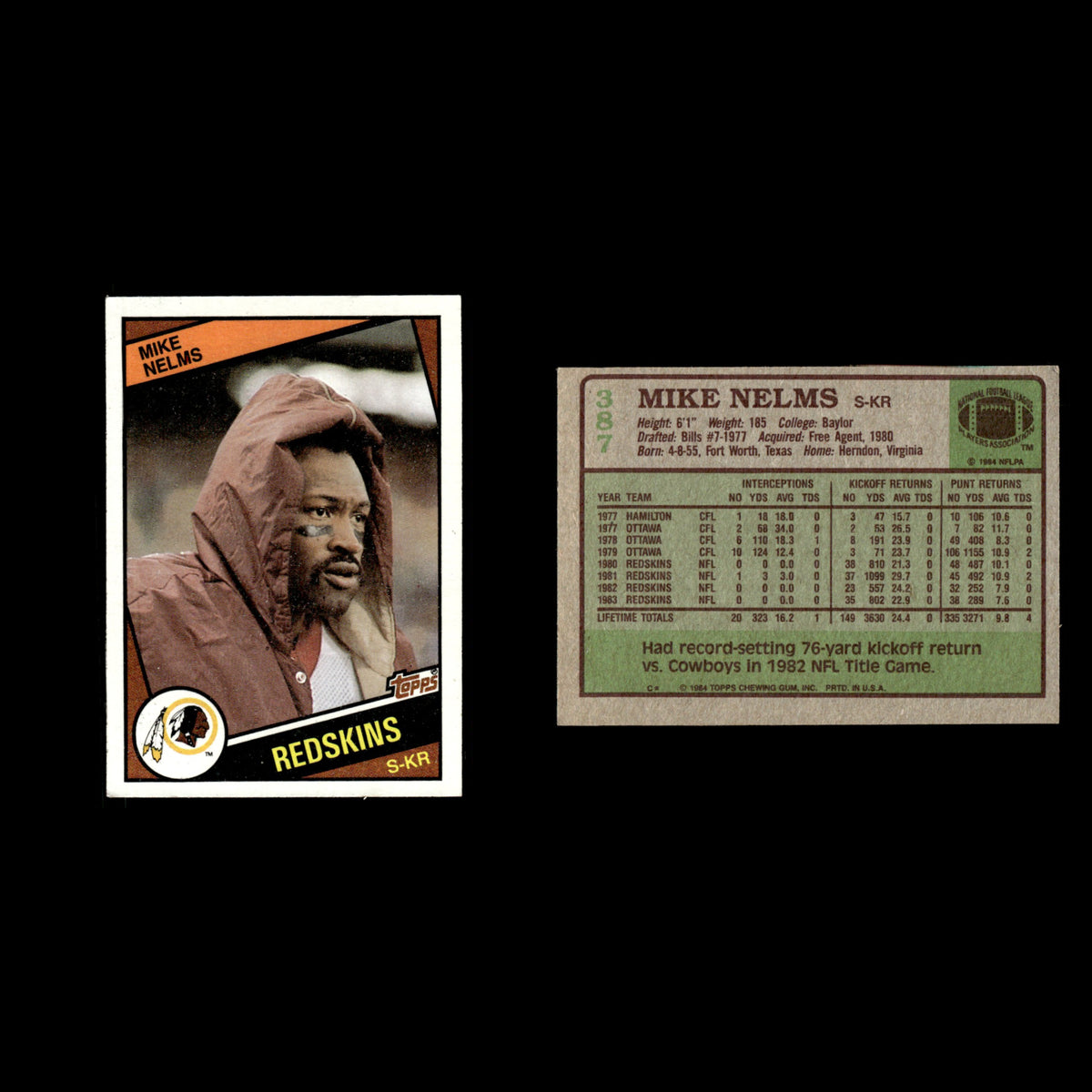 Mike Nelms #387 1984 Topps Washington Redskins Football Card NFL EX