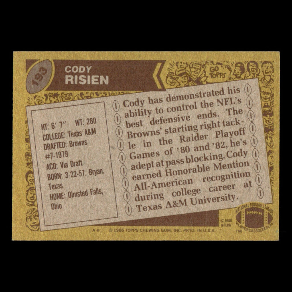 Cody Risien #193 1986 Topps Cleveland Browns Football Card NFL EX