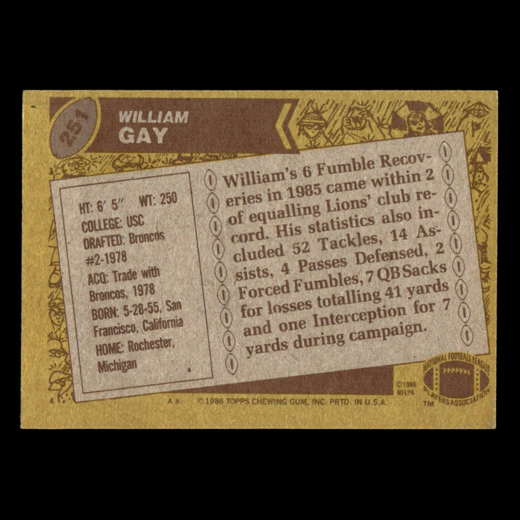William Gay #251 1986 Topps Detroit Lions Football Card NFL EX