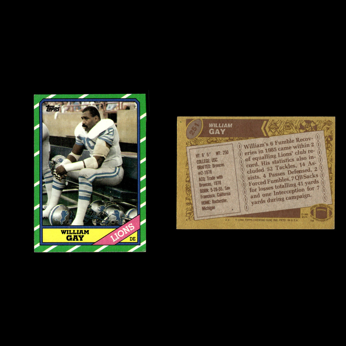 William Gay #251 1986 Topps Detroit Lions Football Card NFL EX