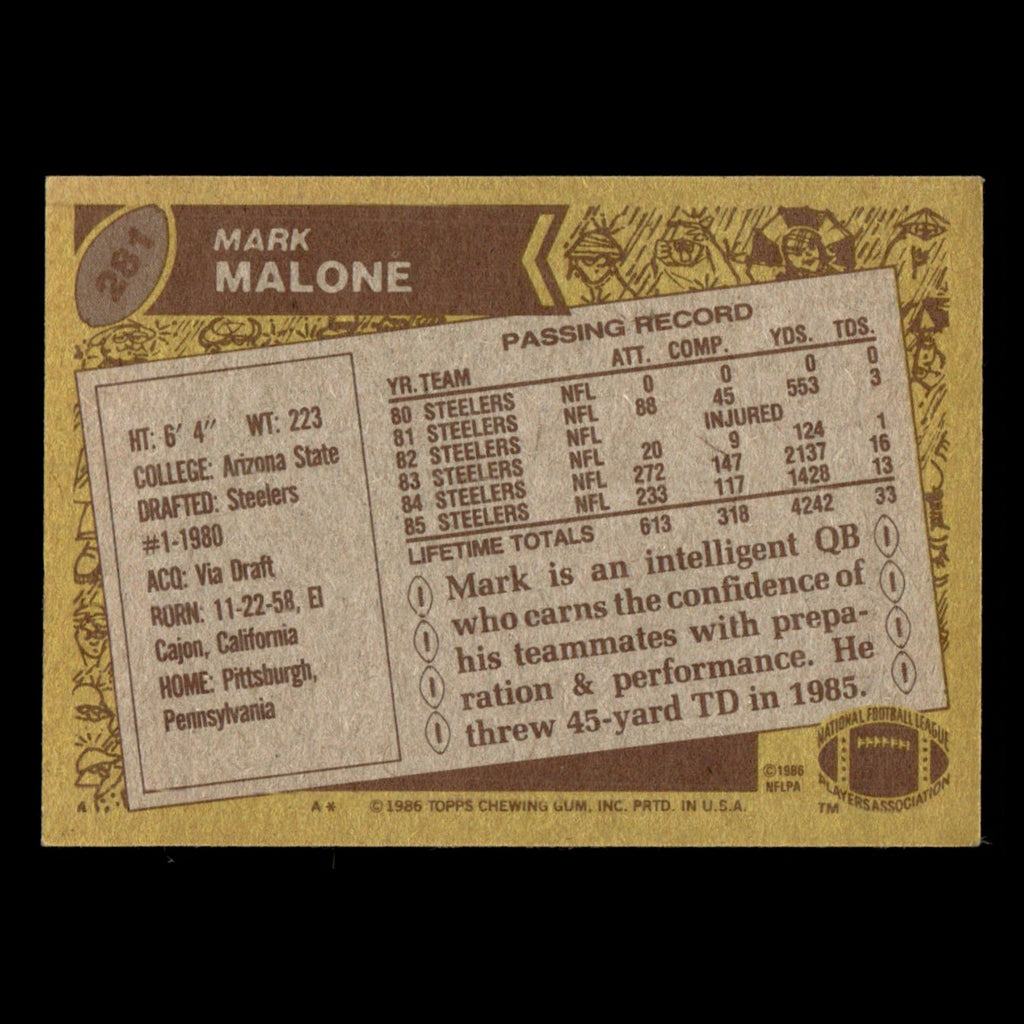 Mark Malone #281 1986 Topps Pittsburgh Steelers Football Card NFL EX