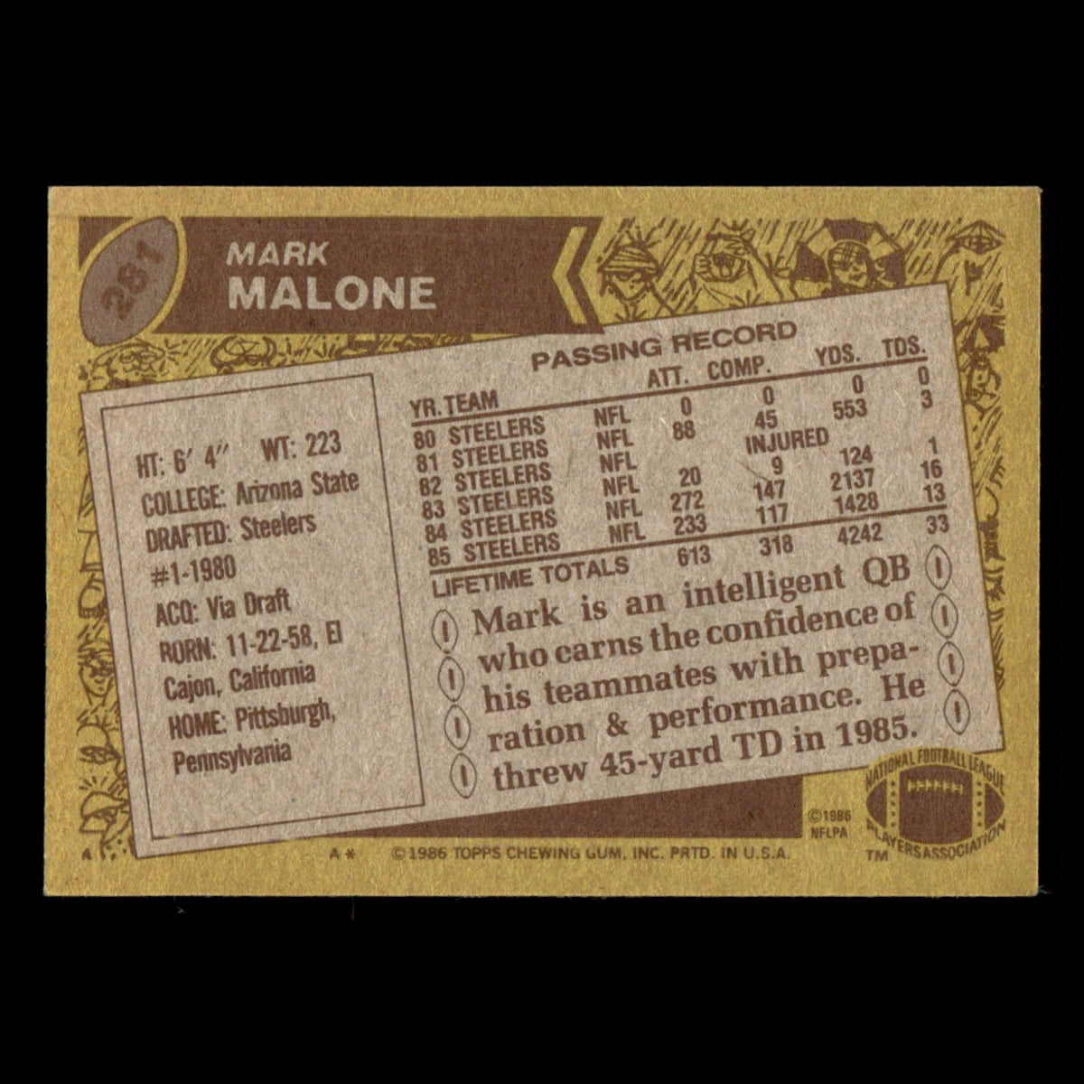Mark Malone #281 1986 Topps Pittsburgh Steelers Football Card NFL EX