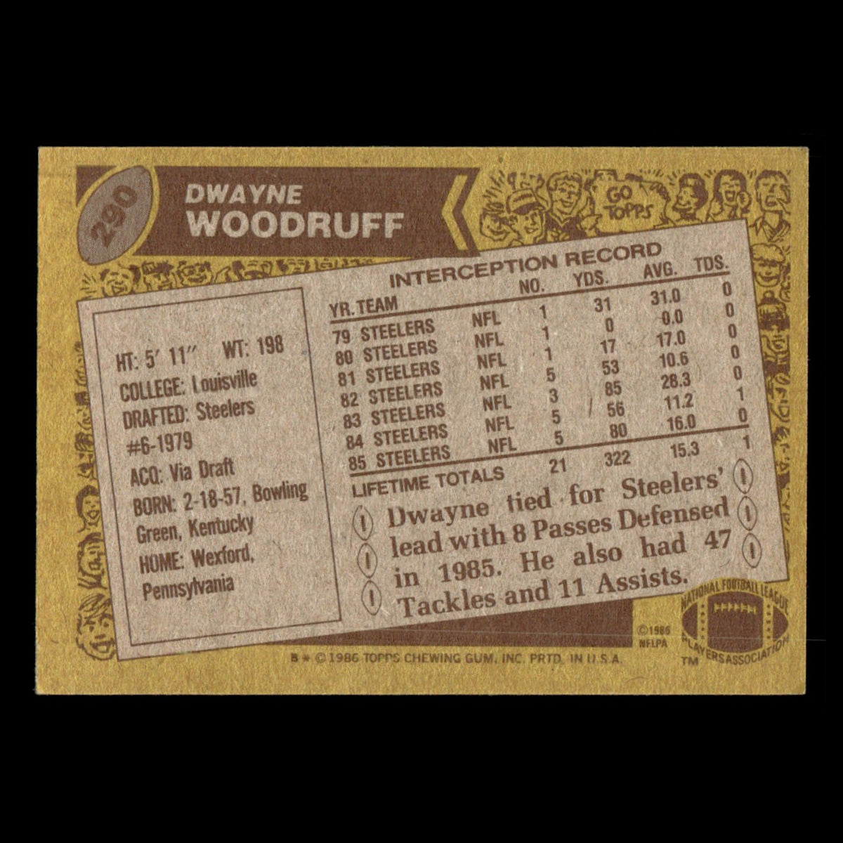 Dwayne Woodruff #290 1986 Topps Pittsburgh Steelers Football Card NFL EX