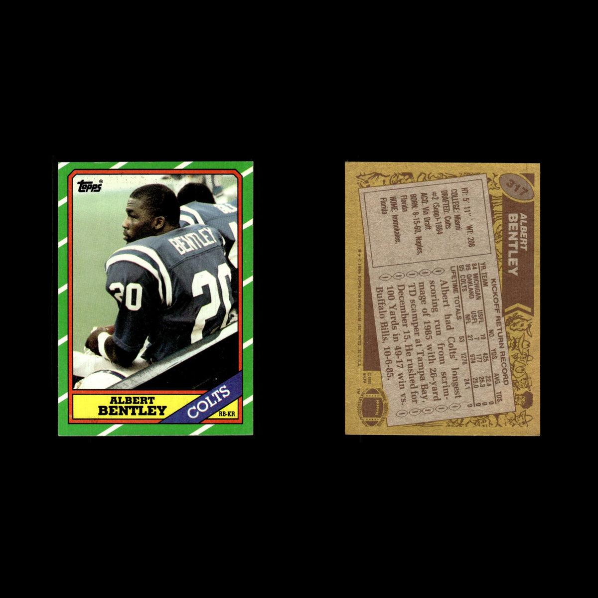 Albert Bentley #317 1986 Topps Indianapolis Colts Football Card NFL EX