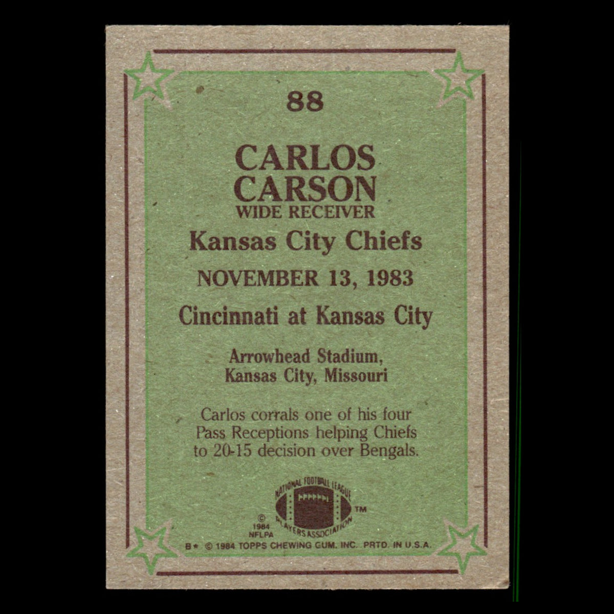 Carlos Carson #88 1984 Topps Kansas City Chiefs Football Card NFL EX