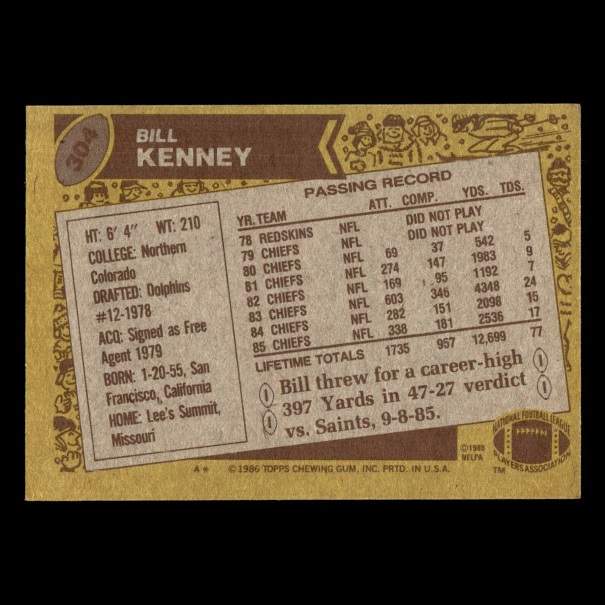 Bill Kenney #304 1986 Topps Kansas City Chiefs Football Card NFL EX
