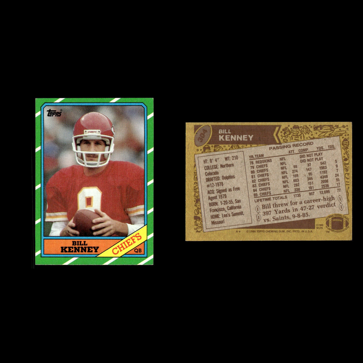 Bill Kenney #304 1986 Topps Kansas City Chiefs Football Card NFL EX