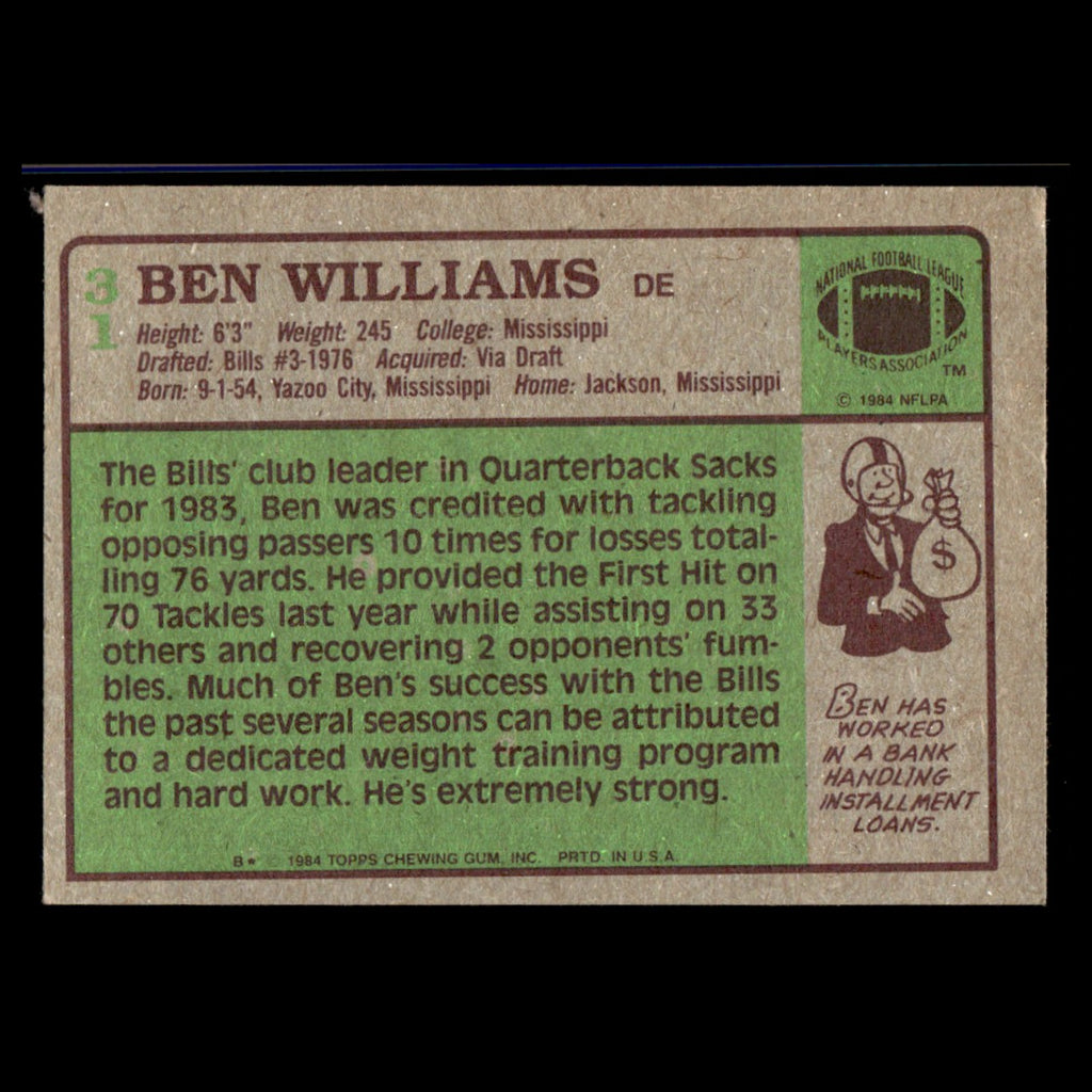 Ben Williams #31 1984 Topps Buffalo Bills Football Card NFL EX