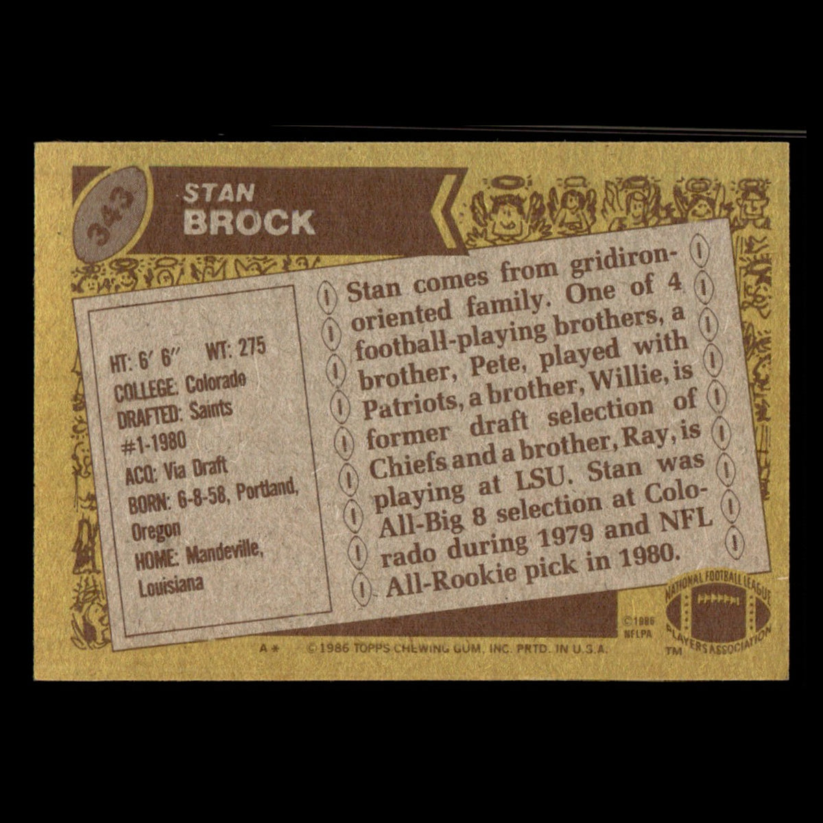 Stan Brock #343 1986 Topps New Orleans Saints Football Card NFL EX