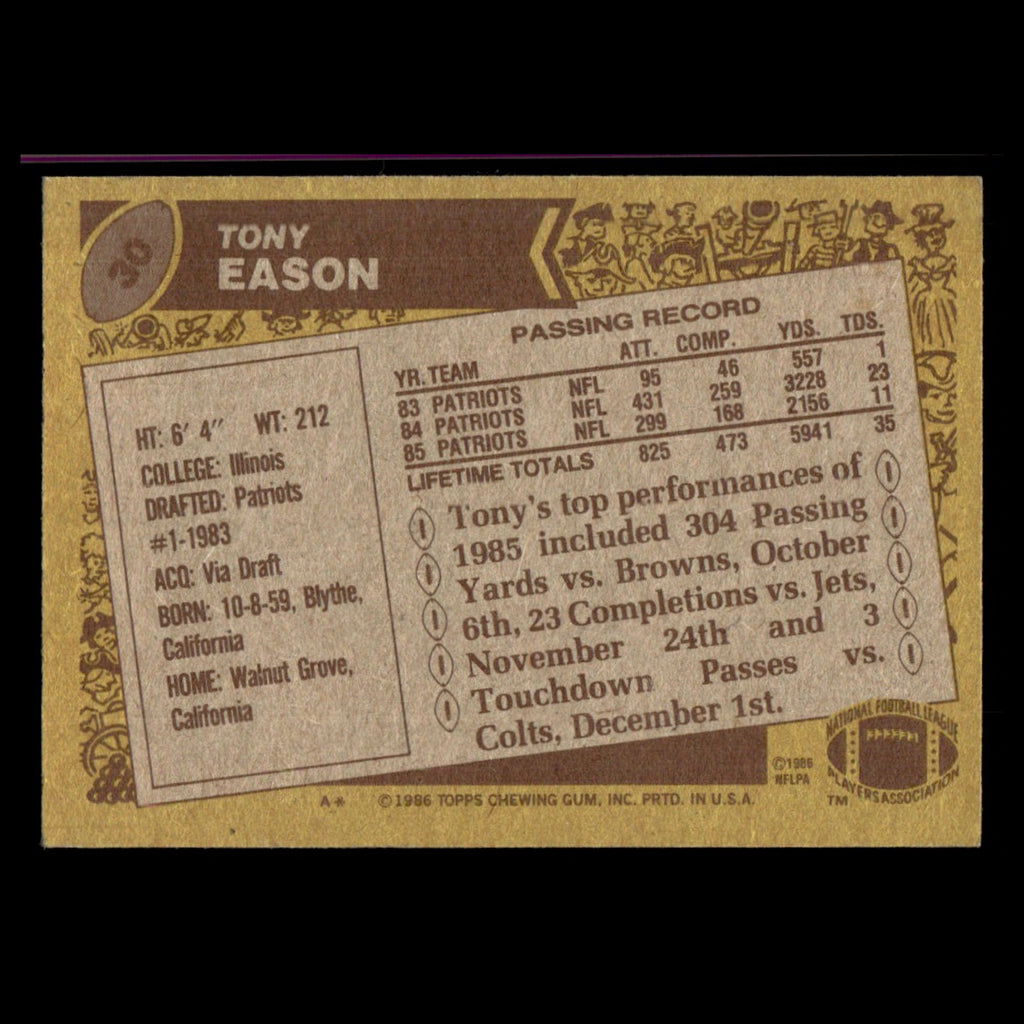 Tony Eason #30 1986 Topps New England Patriots Football Card NFL EX