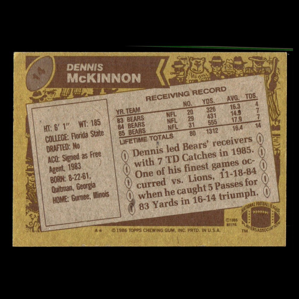 Dennis McKinnon #14 1986 Topps Chicago Bears Football Card NFL EX