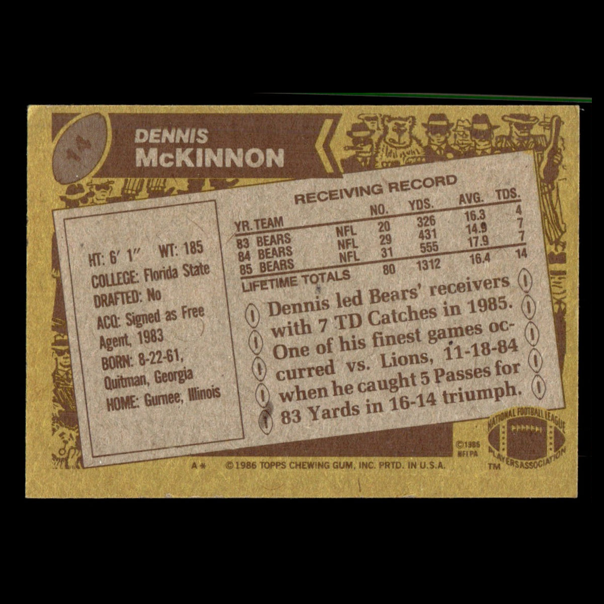 Dennis McKinnon #14 1986 Topps Chicago Bears Football Card NFL EX