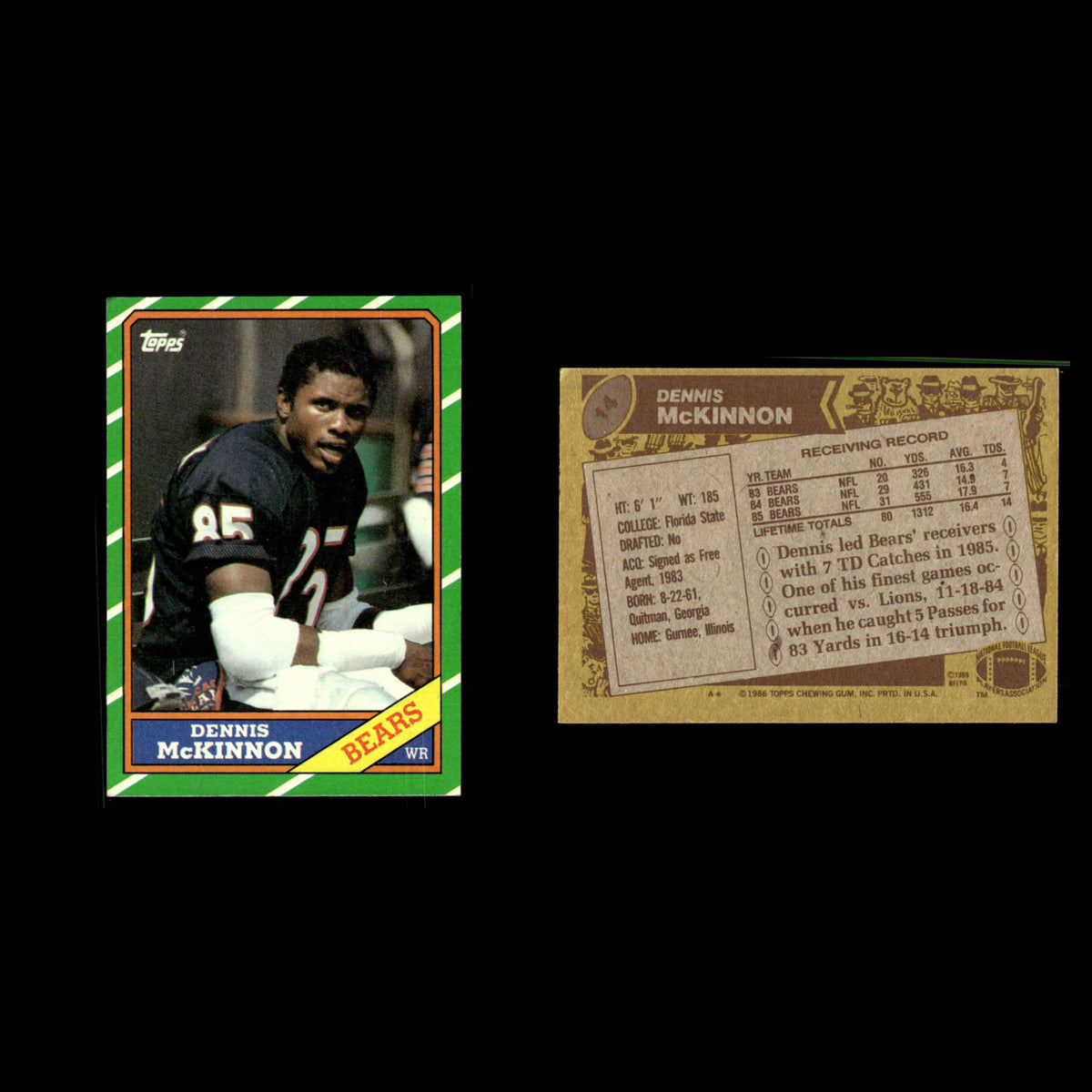 Dennis McKinnon #14 1986 Topps Chicago Bears Football Card NFL EX