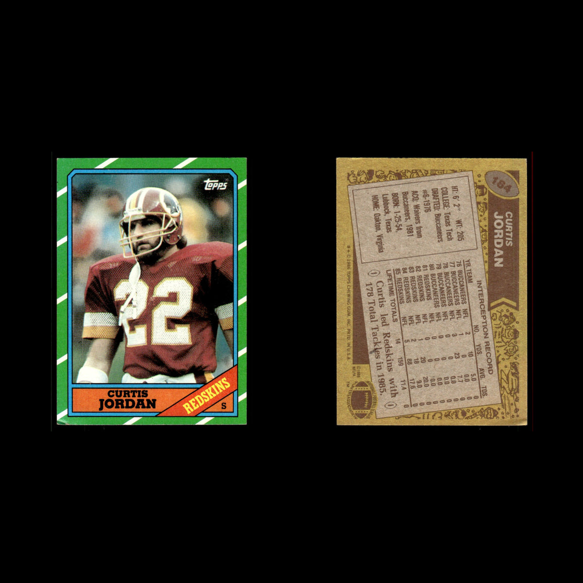 Curtis Jordan #184 1986 Topps Washington Redskins Football Card NFL EX