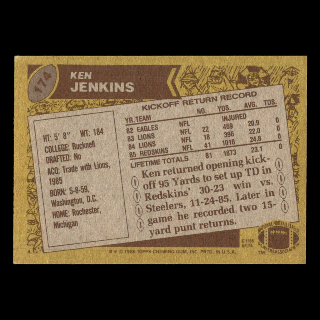 Ken Jenkins #174 1986 Topps Washington Redskins Football Card NFL EX