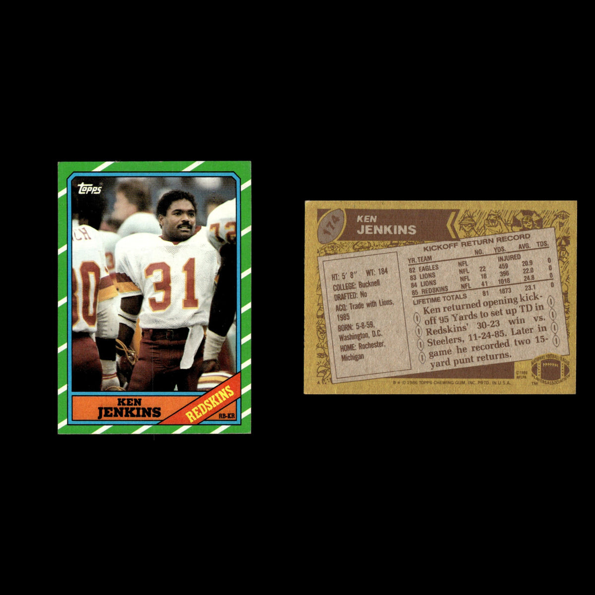 Ken Jenkins #174 1986 Topps Washington Redskins Football Card NFL EX