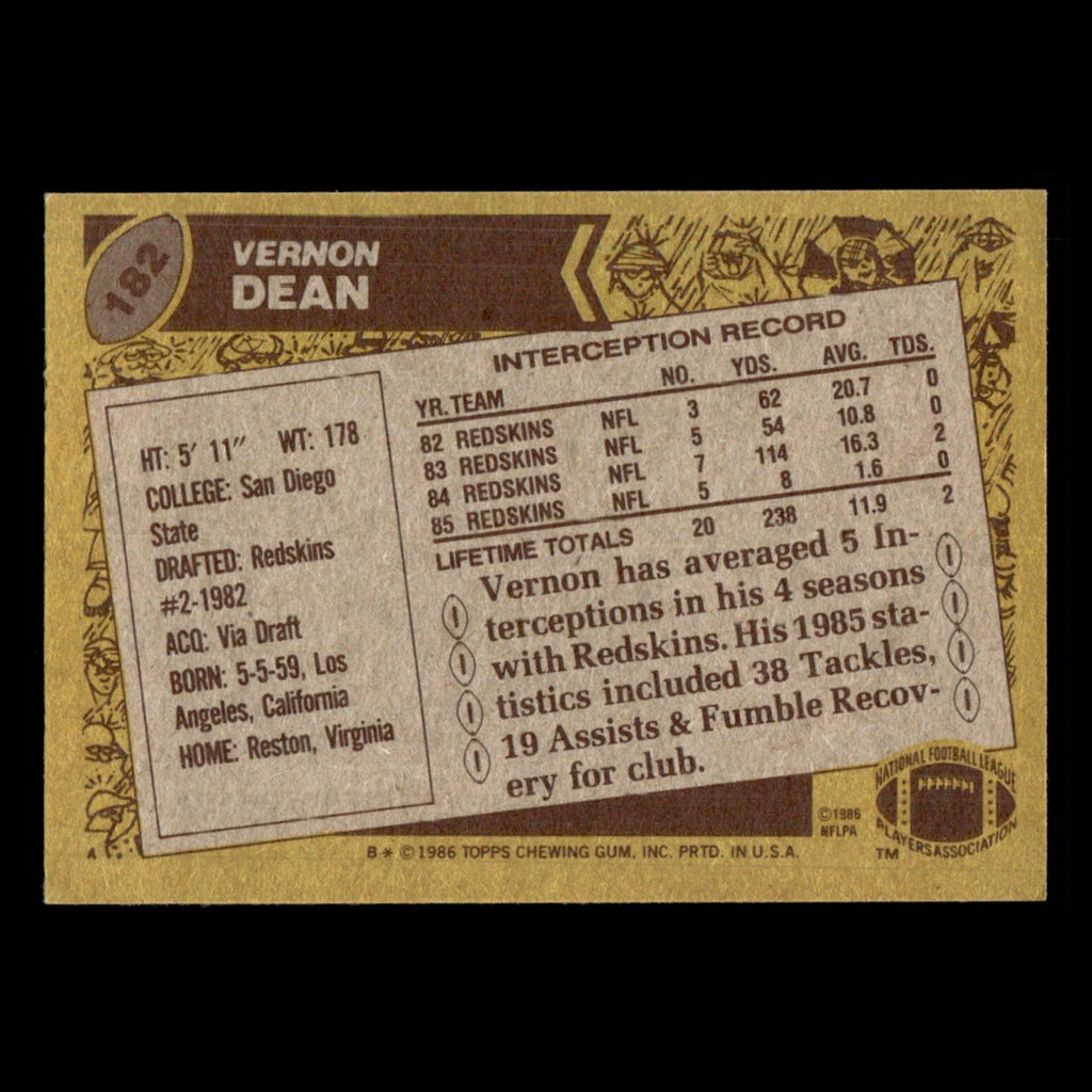 Vernon Dean #182 1986 Topps Washington Redskins Football Card NFL EX