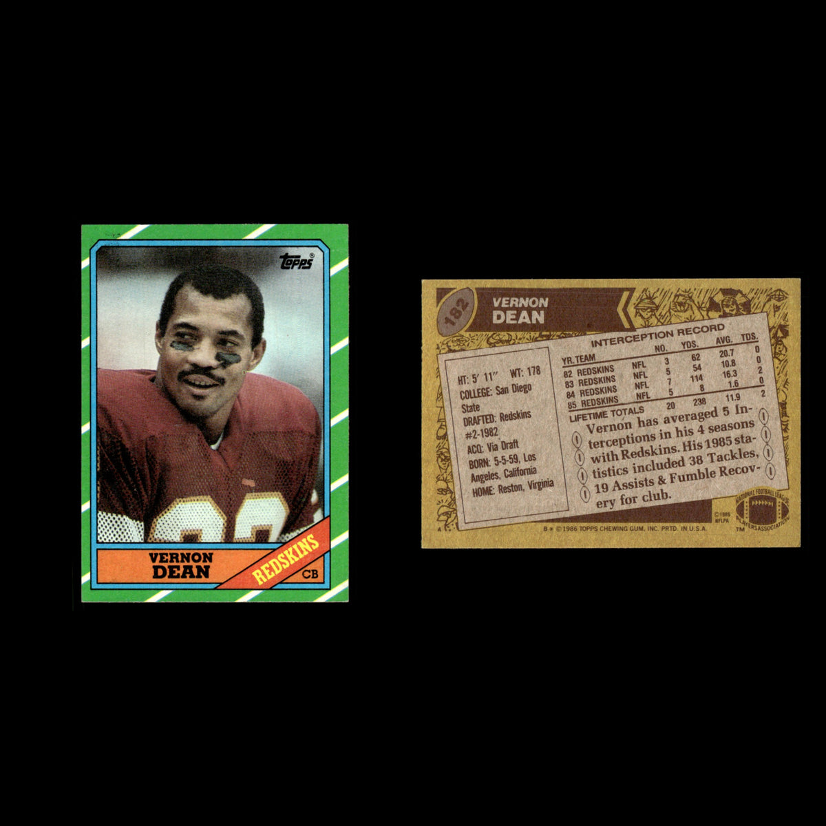 Vernon Dean #182 1986 Topps Washington Redskins Football Card NFL EX