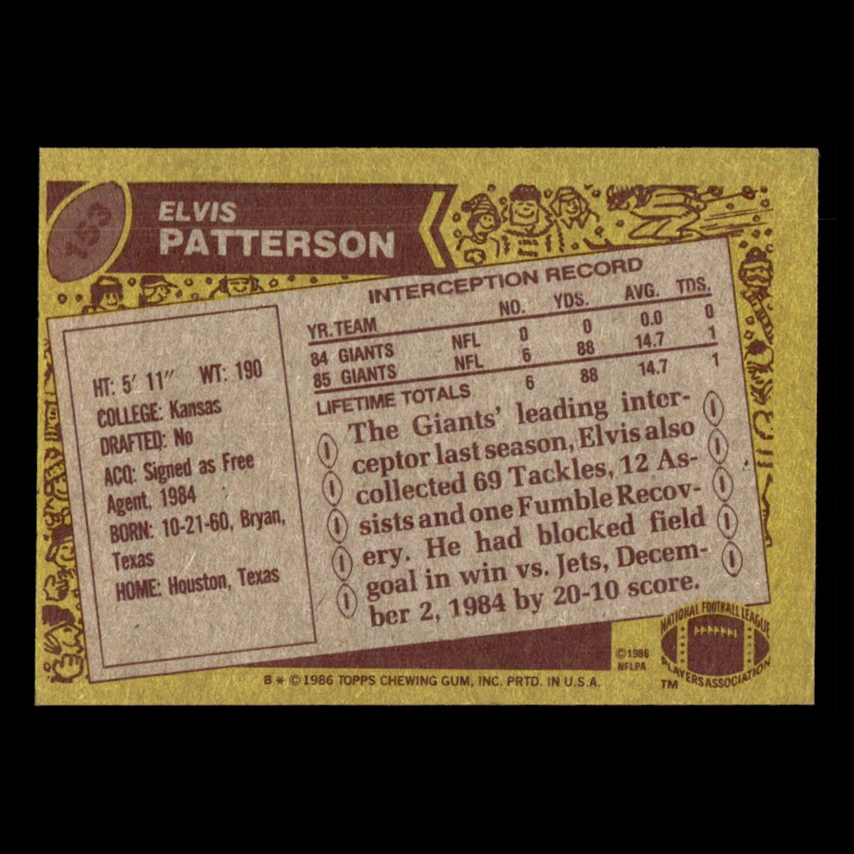 Elvis Patterson #153 1986 Topps New York Giants Football Card NFL EX
