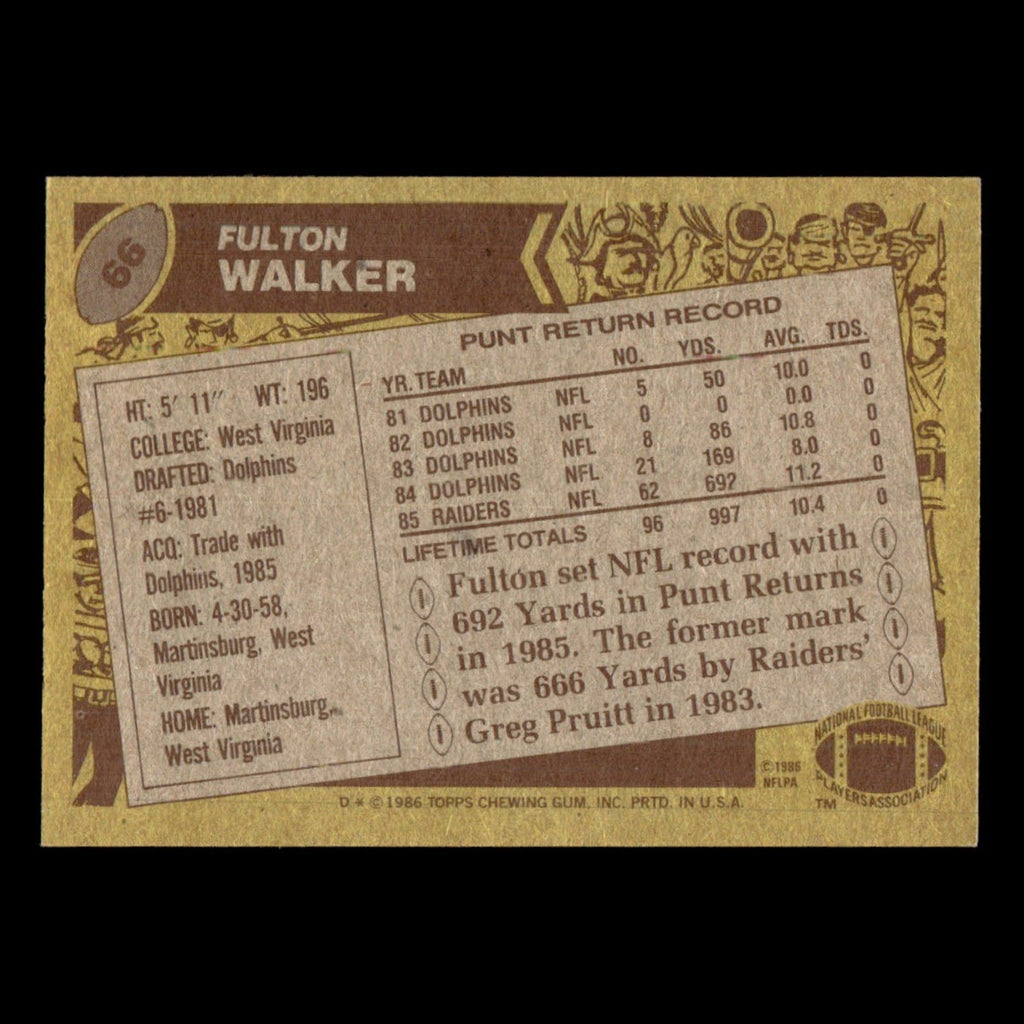 Fulton Walker #66 1986 Topps Los Angeles Raiders Football Card NFL EX