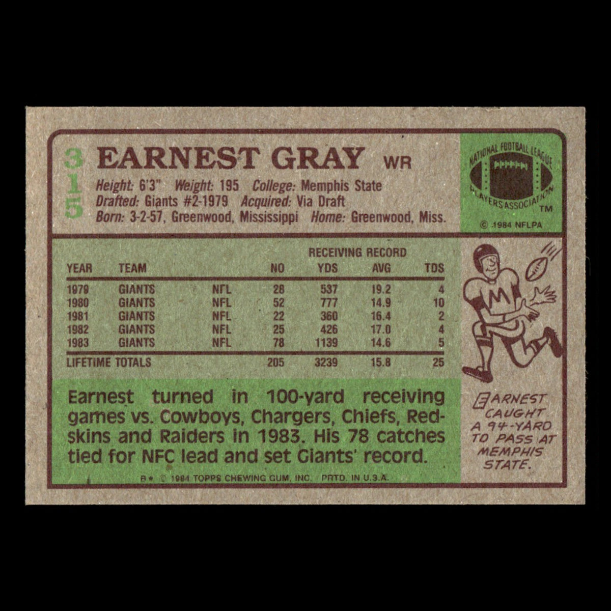 Earnest Gray #315 1984 Topps New York Giants Football Card NFL EX