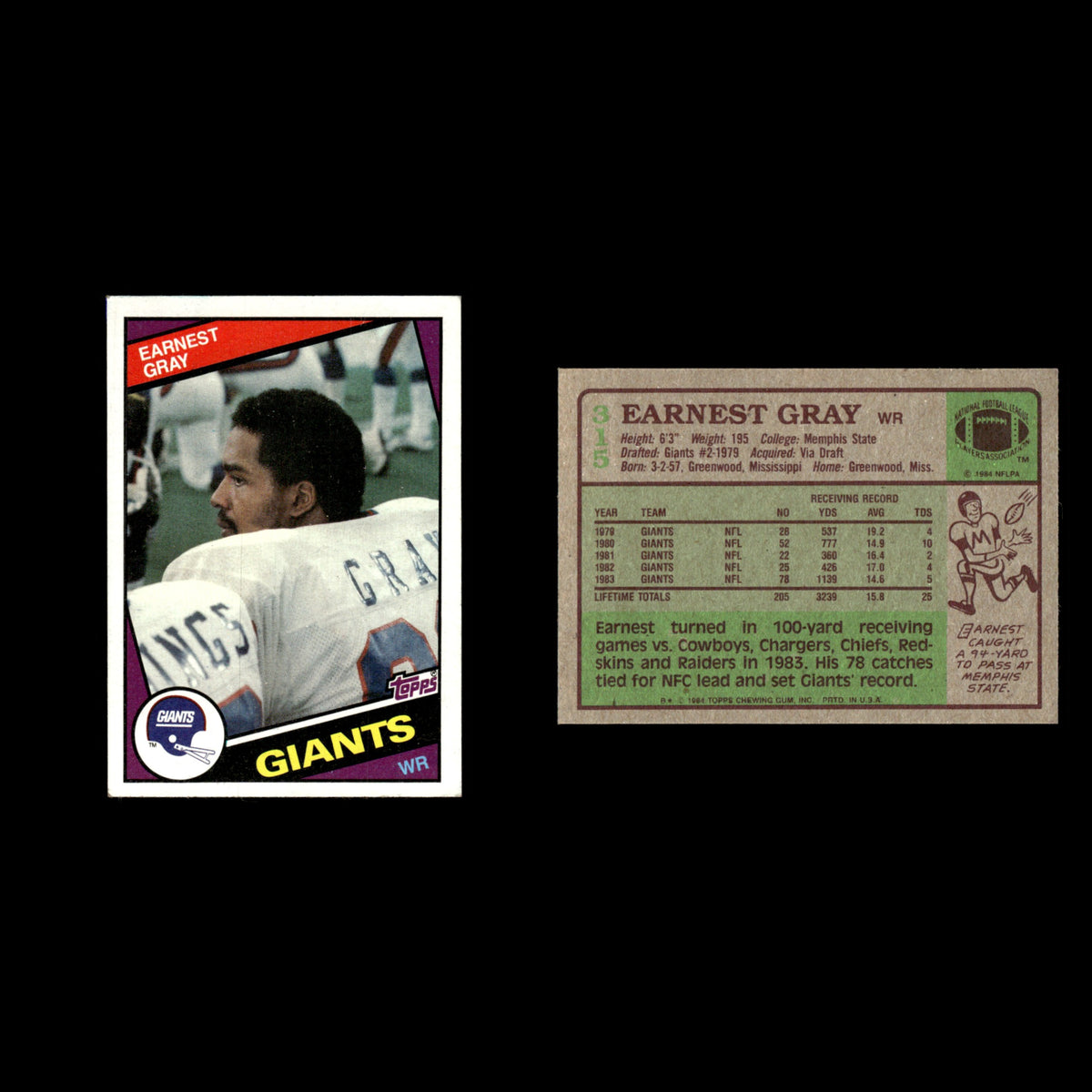 Earnest Gray #315 1984 Topps New York Giants Football Card NFL EX