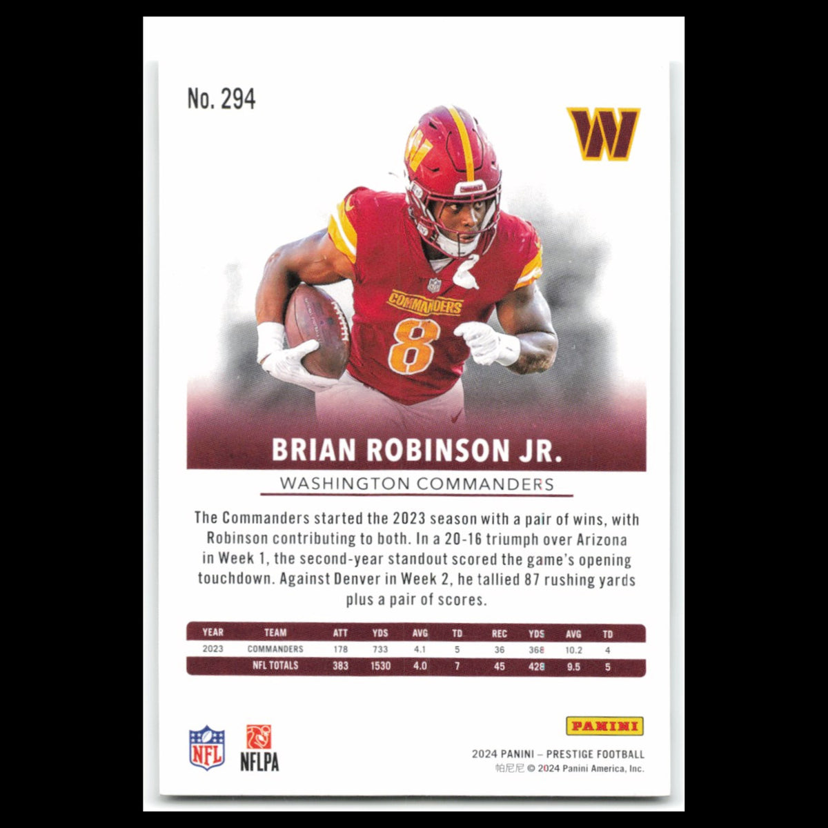 Brian Robinson Jr #294 2024 Panini Prestige Washington Commanders Football Card