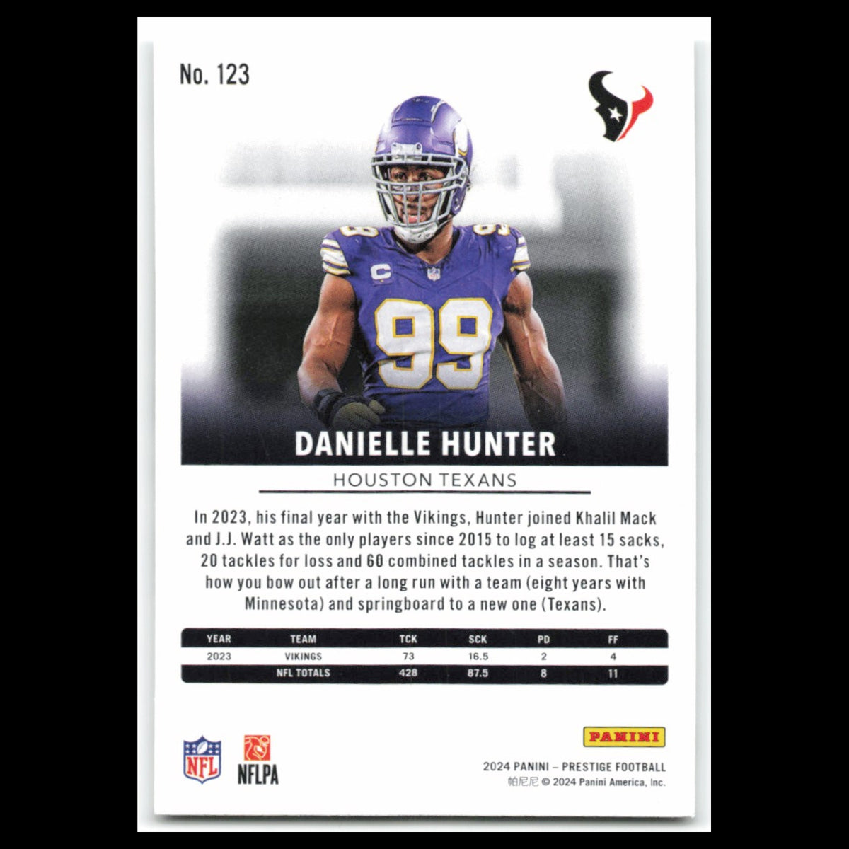 Danielle Hunter #123 2024 Panini Prestige Houston Texans Football Card NFL NM