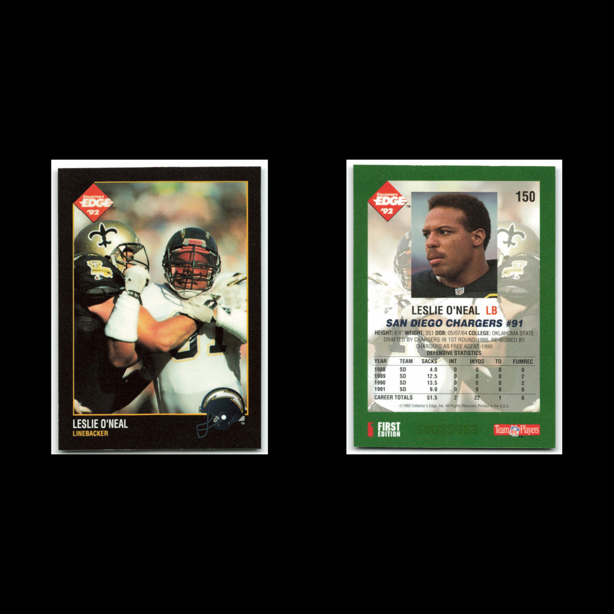 Leslie ONeal #150 1992 Collectors Edge San Diego Chargers Football Card NFL NM