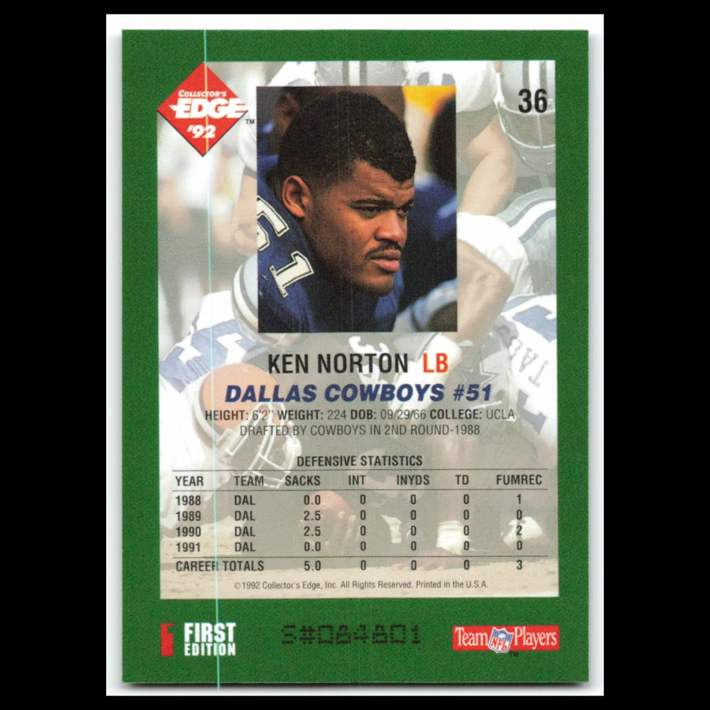 Ken Norton #36 1992 Collectors Edge Dallas Cowboys Football Card NFL NM
