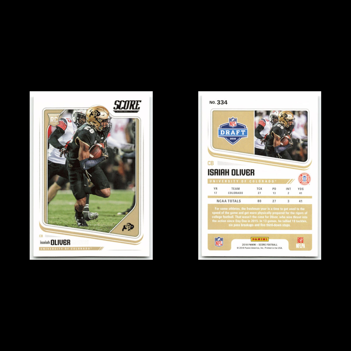 Isaiah Oliver Rookie #334 2018 Score Colorado Buffaloes Football Card NFL NM