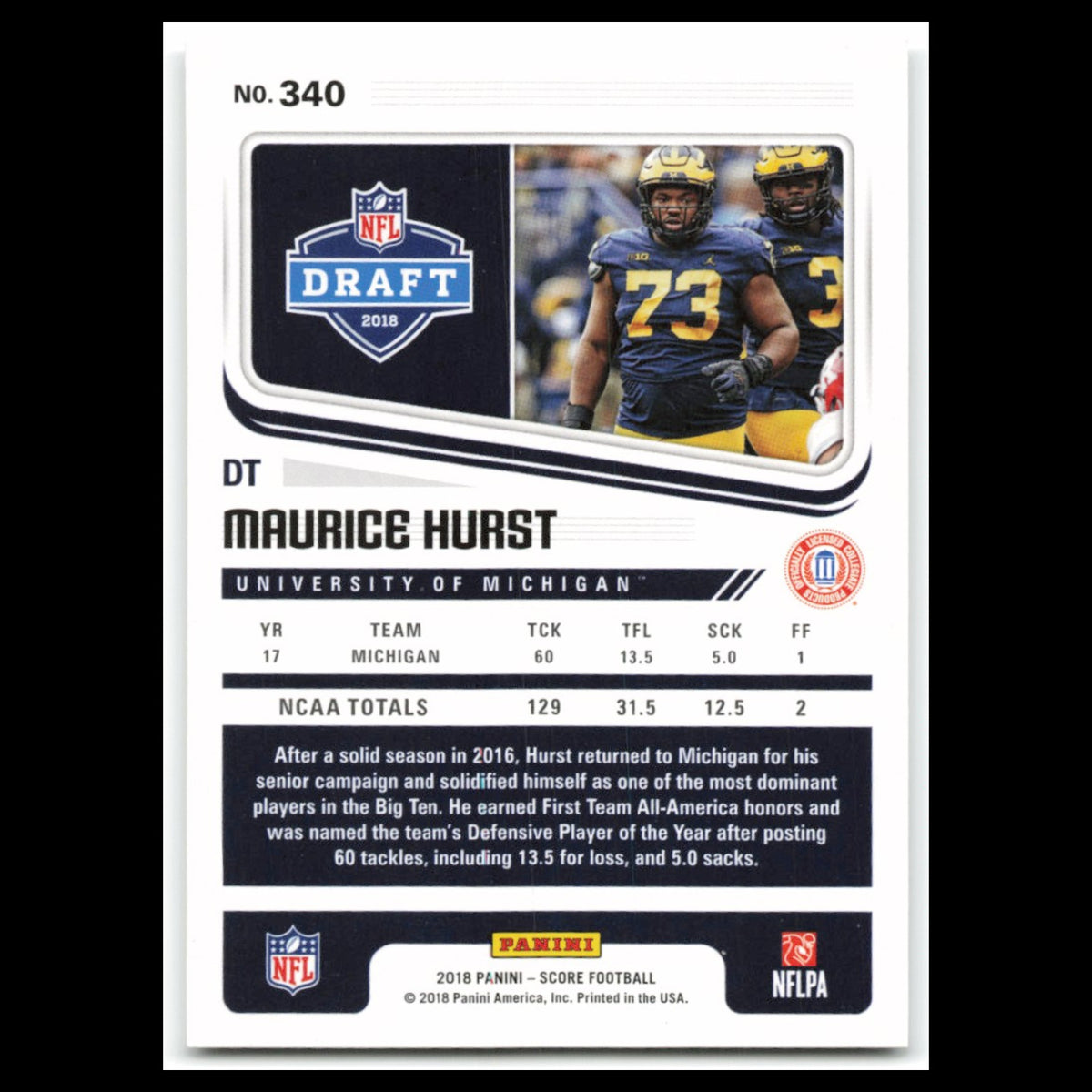 Maurice Hurst Jr. Rookie #340 2018 Score Michigan Wolverines Football Card NFL