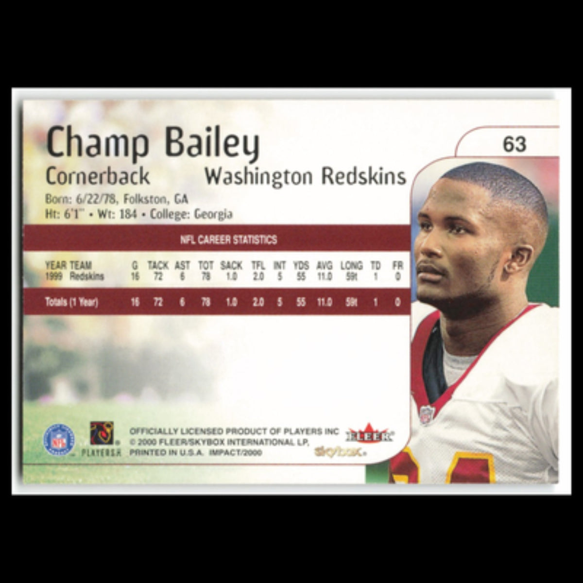 Champ Bailey #63 2000 Skybox Impact Washington Redskins Football Card NFL NM
