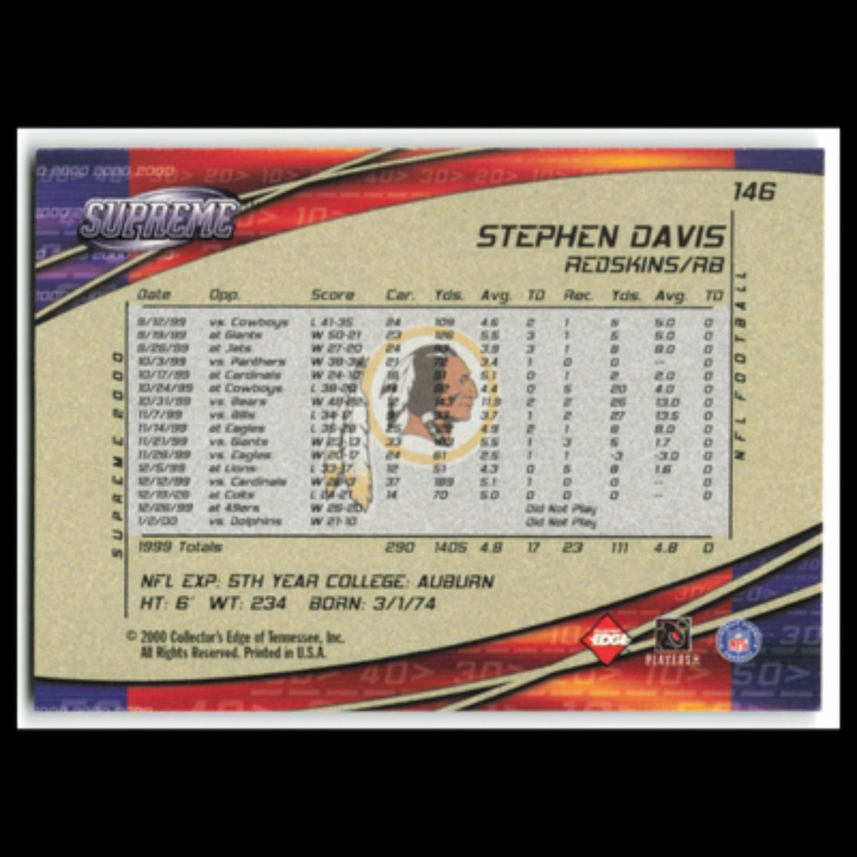 Stephen Davis #146 2000 Collectors Edge Supreme Washington Redskins Football NFL