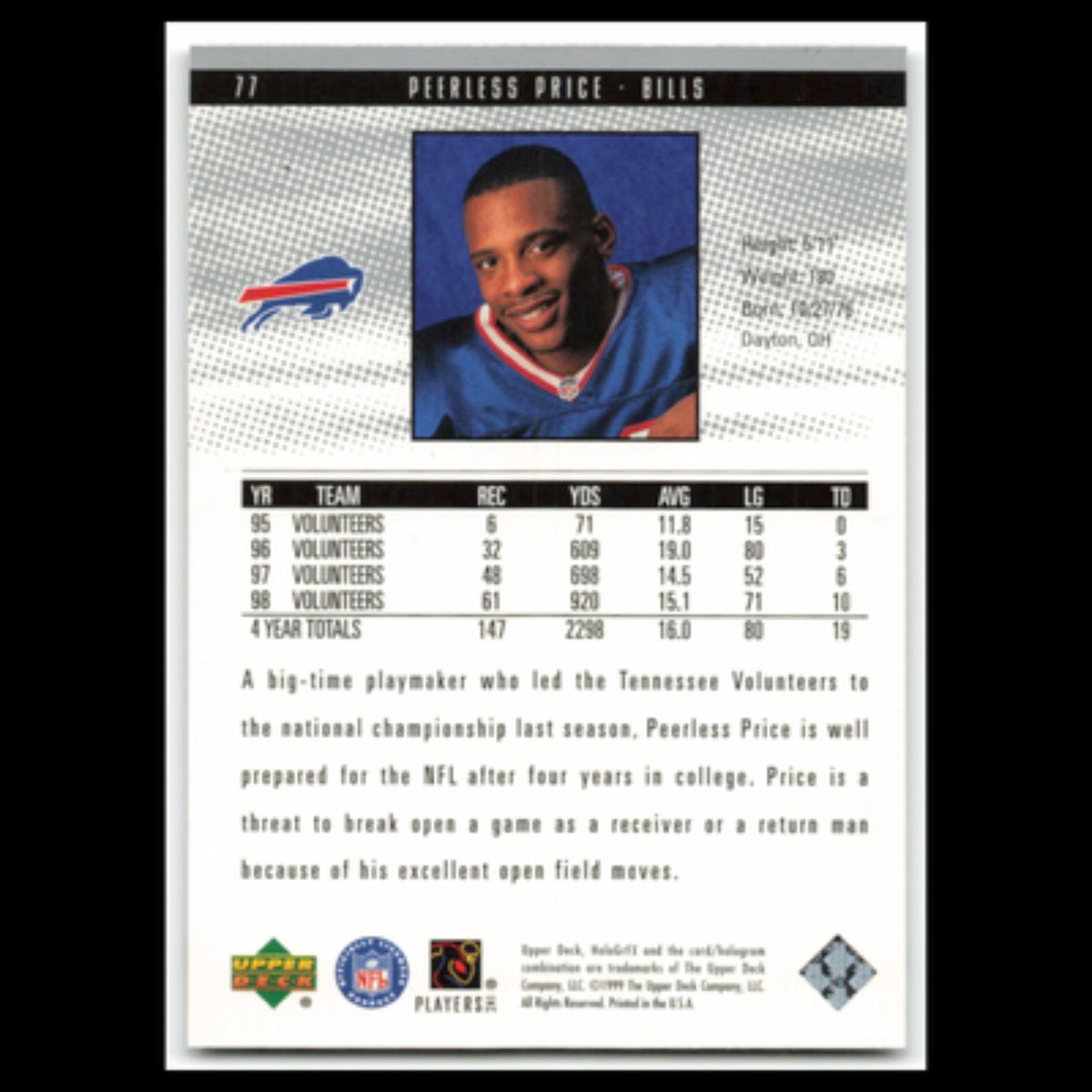 Peerless Price Rookie #11 1999 HoloGrFX Buffalo Bills Football Card NFL NM