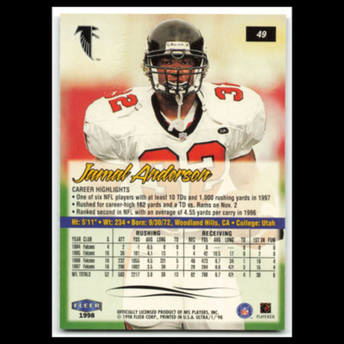Jamal Anderson #49 1998 Fleer Ultra Atlanta Falcons Football Card NFL NM