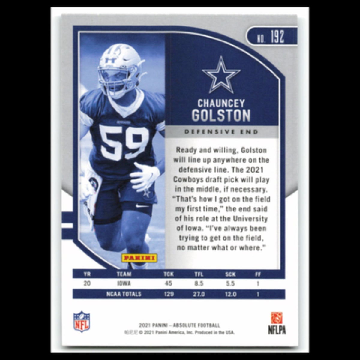 Chauncey Golston Rookie #192 2021 Panini Absolute Dallas Cowboys Football Card