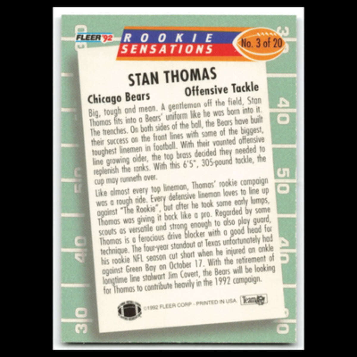 Stan Thomas #3 1992 Fleer Rookie Sensations Chicago Bears Football Card NFL NM