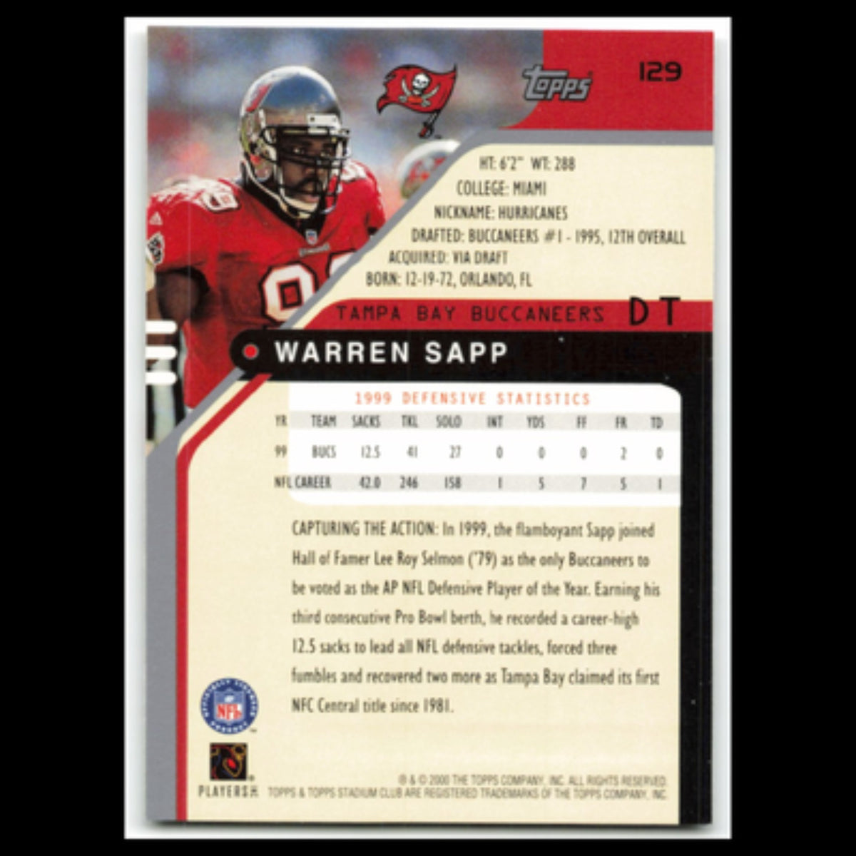 Warren Sapp #129 2000 Topps Stadium Club Tampa Bay Buccaneers Football Card NFL