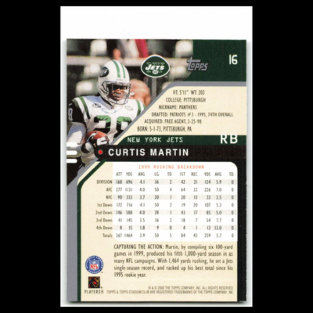 Curtis Martin #16 2000 Topps Stadium Club New York Jets Football Card NFL NM