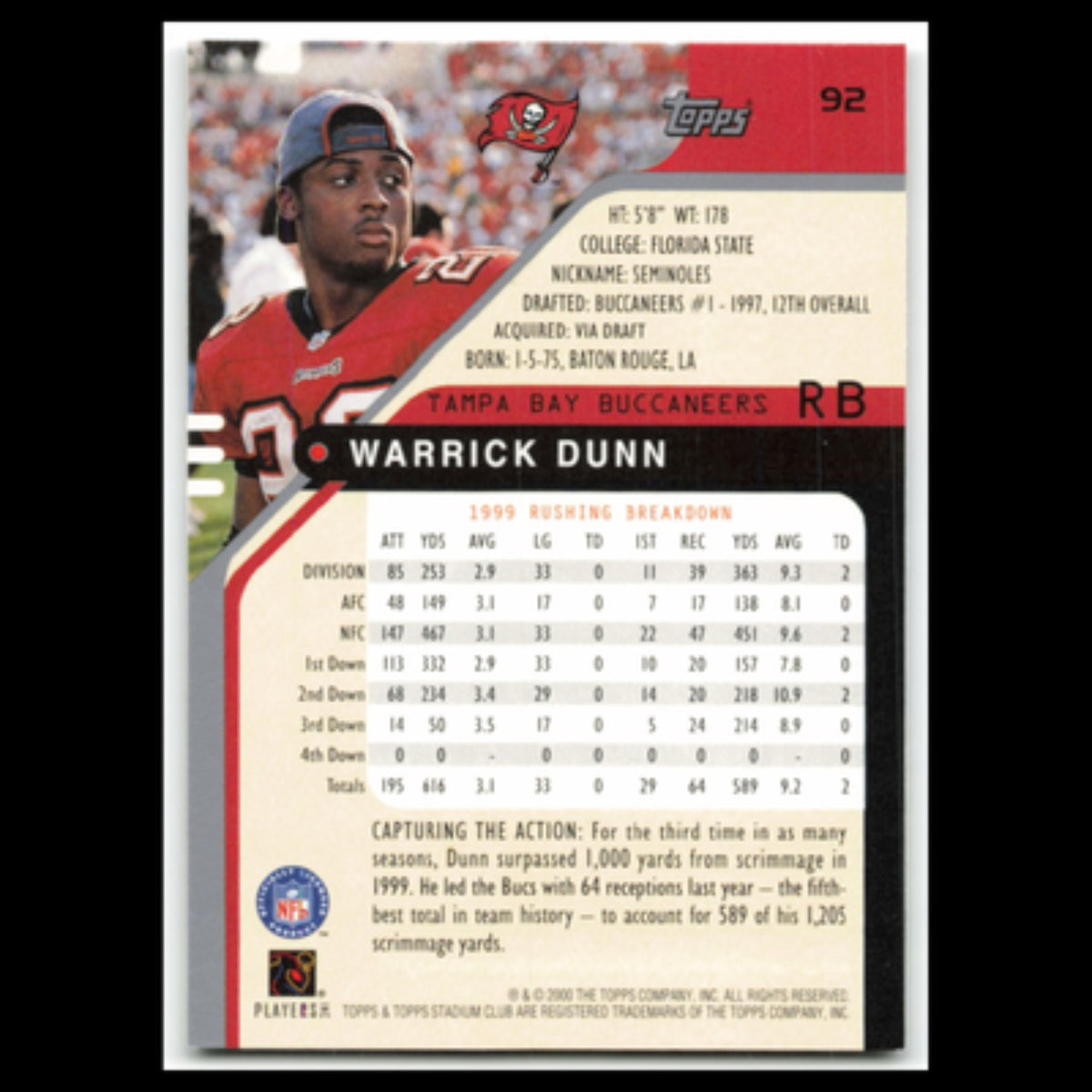 Warrick Dunn #92 2000 Topps Stadium Club Tampa Bay Buccaneers Football Card NFL