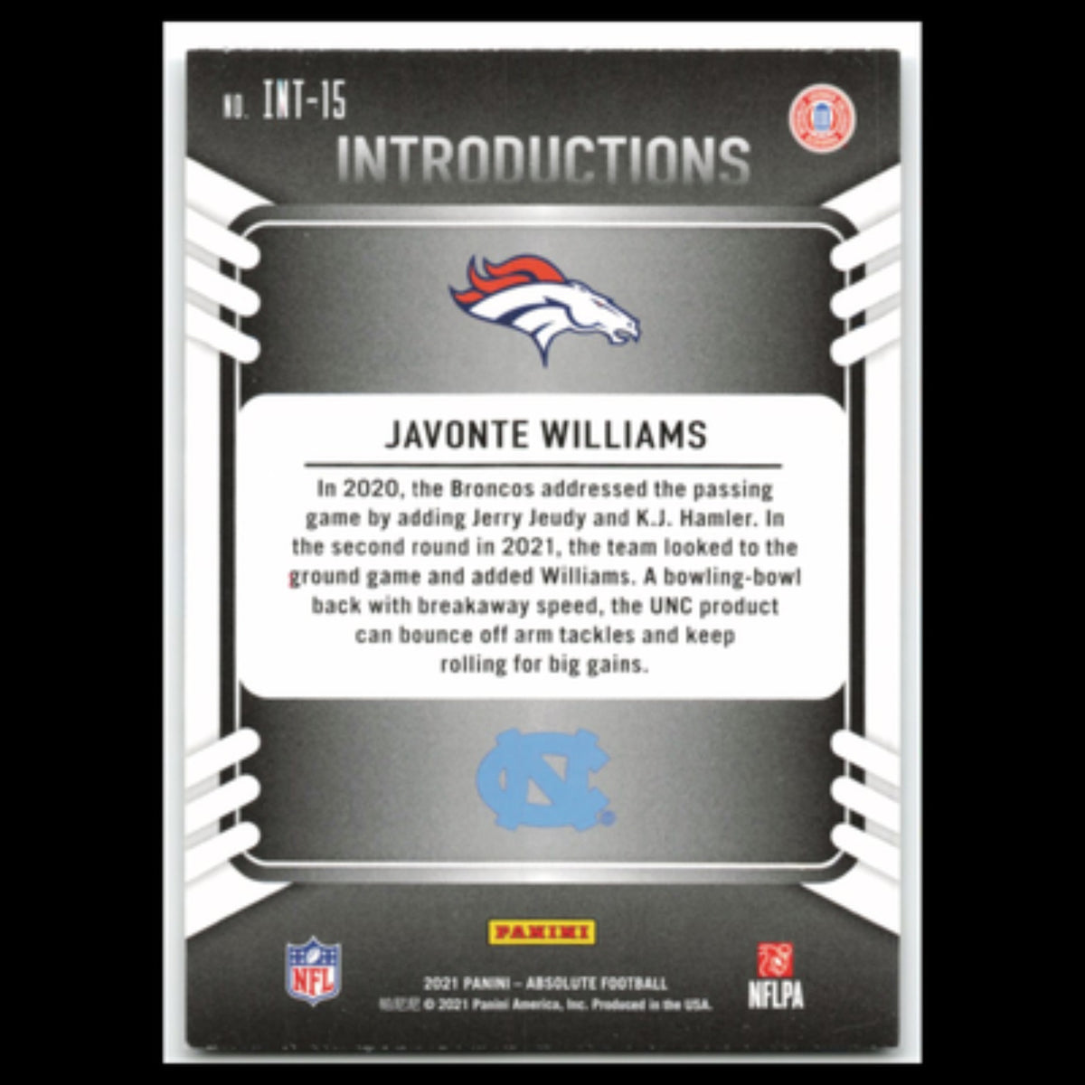 Javonte Williams Rookie #INT-15 2021 Panini Absolute Football Card NFL NM