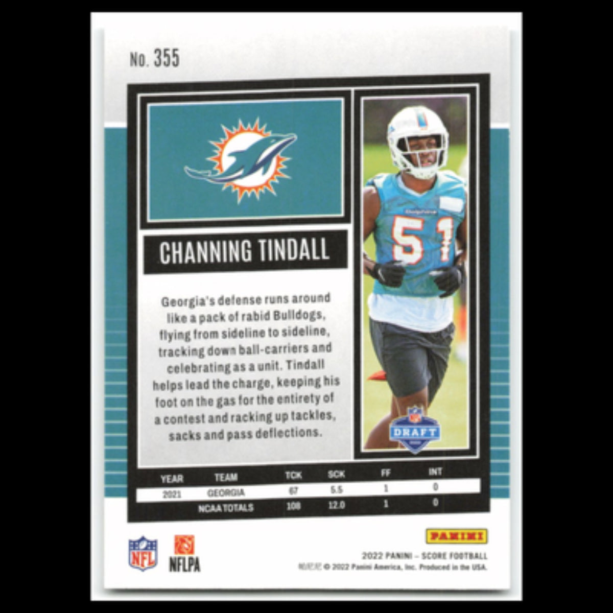 Channing Tindall Rookie #355 2022 Score Miami Dolphins Football Card NFL NM