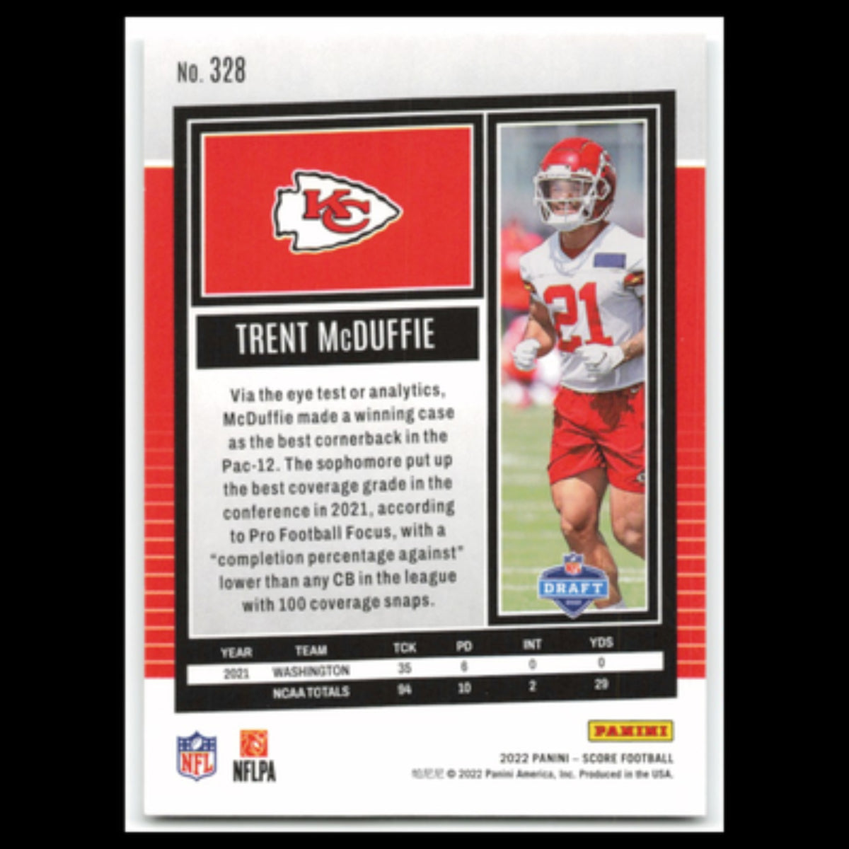 Trent McDuffie #328 2022 Score Kansas City Chiefs Football Card NFL NM