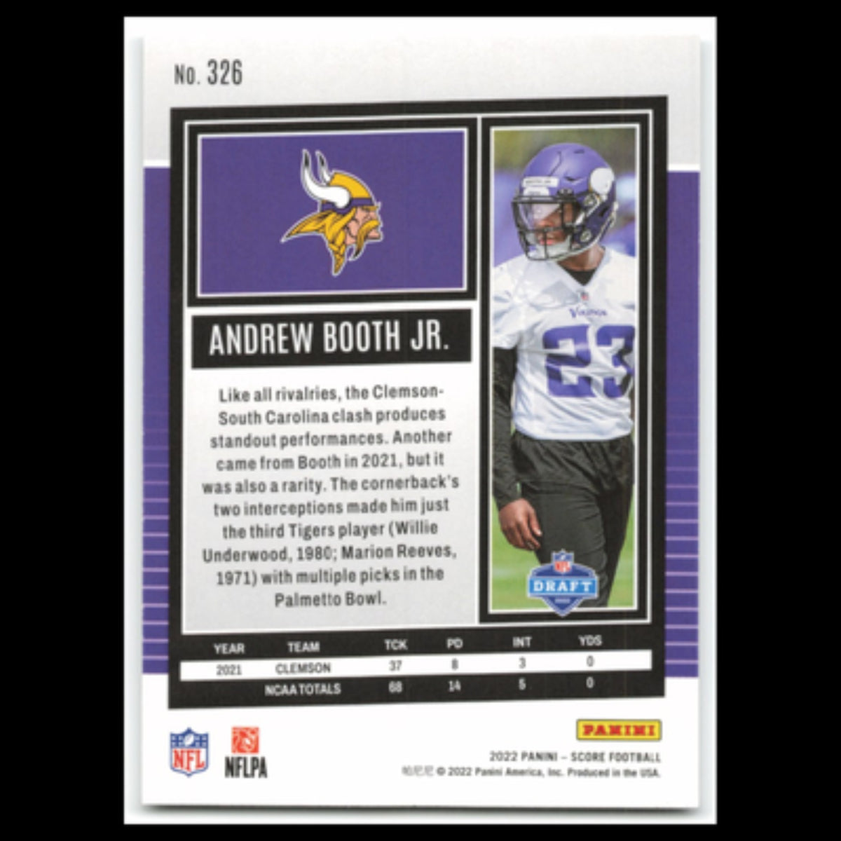 Andrew Booth Jr. Rookie #326 2022 Score Minnesota Vikings Football Card NFL NM